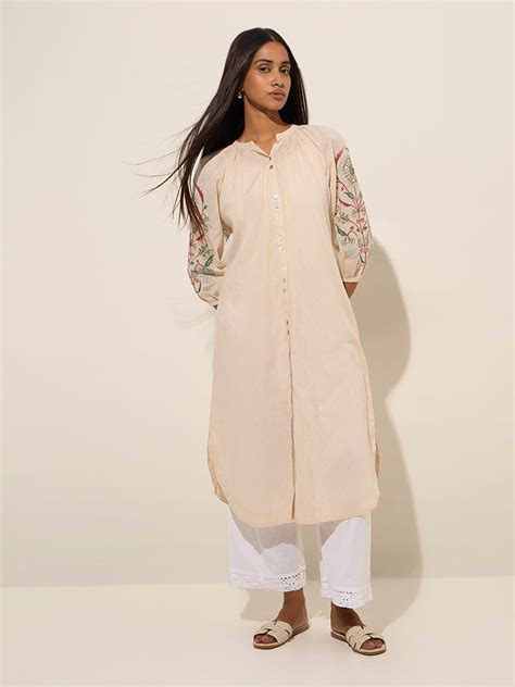 Buy Utsa Beige Floral Embroidered Straight Cotton Kurta from Westside