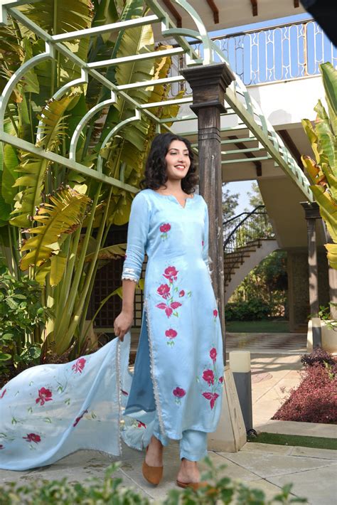 Beauty In Blue Straight Fit Gota work Handpainted Women Silk Suit Set