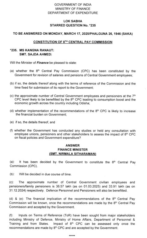 Constitution of 8th Central Pay Commission for Revision of Salaries and ...