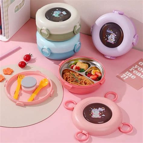 Round Stainless Steel Bento Lunch Box 3 Grids with Spoon Fork – Crayon ...