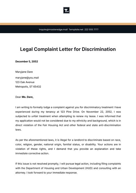 Free Legal Complaint Letter For Discrimination Template to Edit Online