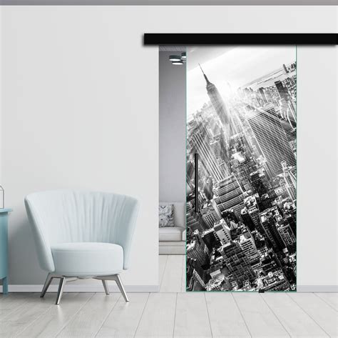 (New York Manhattan Empire State Building) Glass Sliding Barn Door