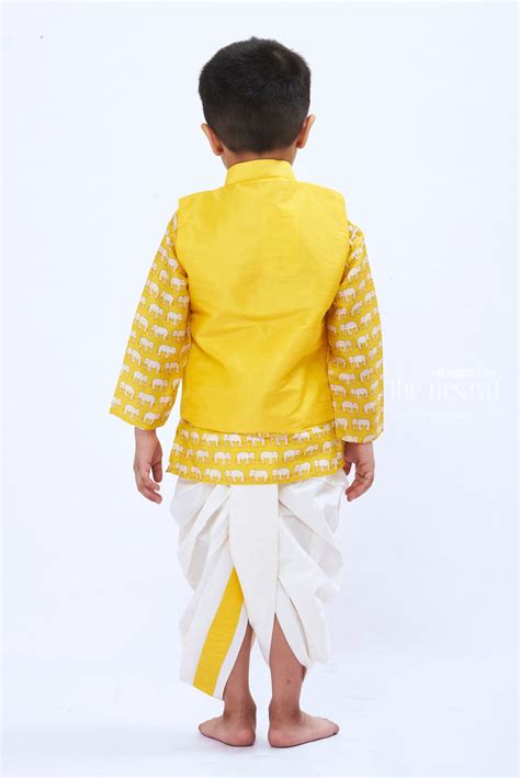 Boys Yellow Kurta Dhoti Set with Elephant Print | Festive Ethnic Attire ...