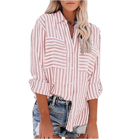 XFLWAM Women's Striped Button Down Shirts Casual Long Sleeve Stylish V ...