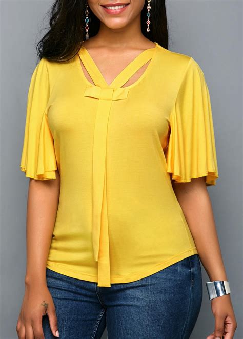 Yellow Pleated Sleeve Keyhole Back Blouse | Rosewe.com - USD $30.95 ...