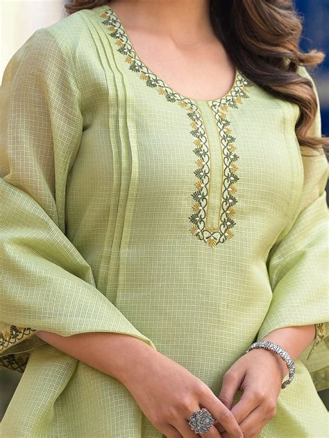 Varanga lime green kota check thread embroidered kurta with bottom and ...
