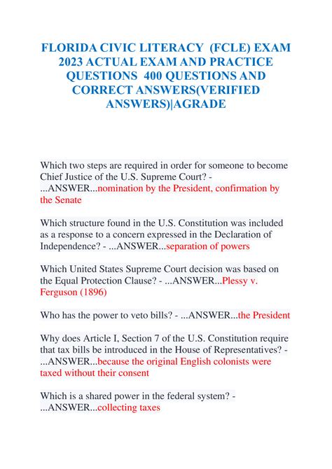 FLORIDA CIVIC LITERACY (FCLE) EXAM 2023 ACTUAL EXAM AND PRACTICE ...