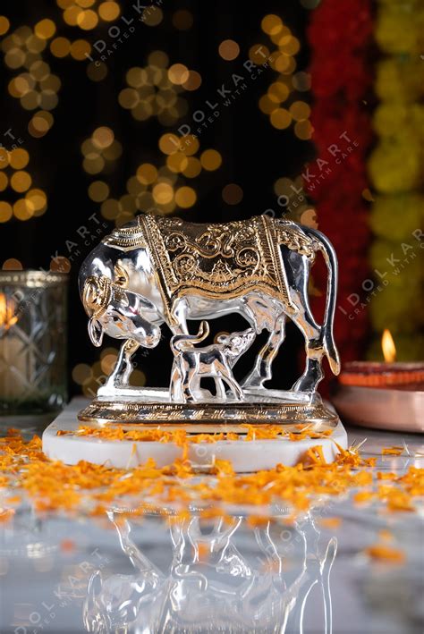 Kamdhenu Cow with Calf Idol- Auspicious Cow Goddess Statue