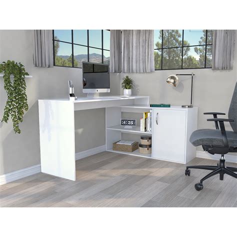 White L-shaped Computer Desk With Open & Closed Storage. 59" Work ...