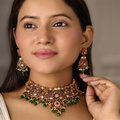 Buy Priyaasi Green Pearls Beads Ruby Stones Gold Plated Peacock Choker ...