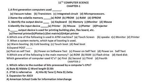 11th Computer Science One Mark Question Bank English Medium 2023-24 ...
