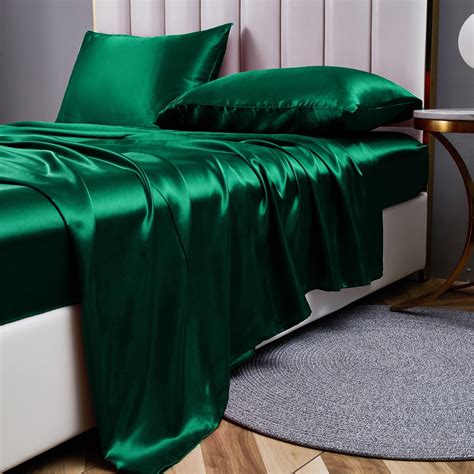 ANMINY Twin Size Silky Satin Sheets Dark Green Bed Set, Deep Pocket ...