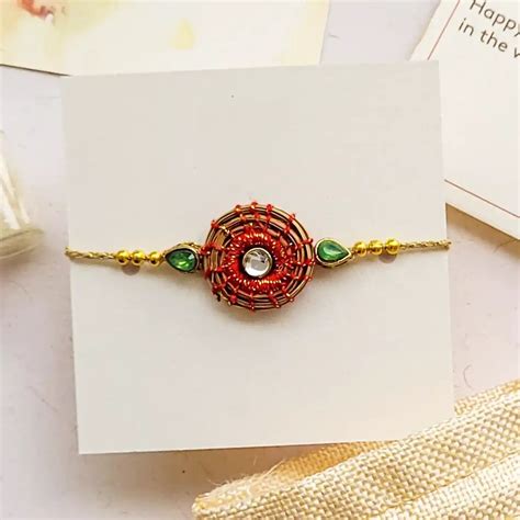 Buy Eco-Friendly Handmade White & Green Stone Pine Needle Rakhi With ...
