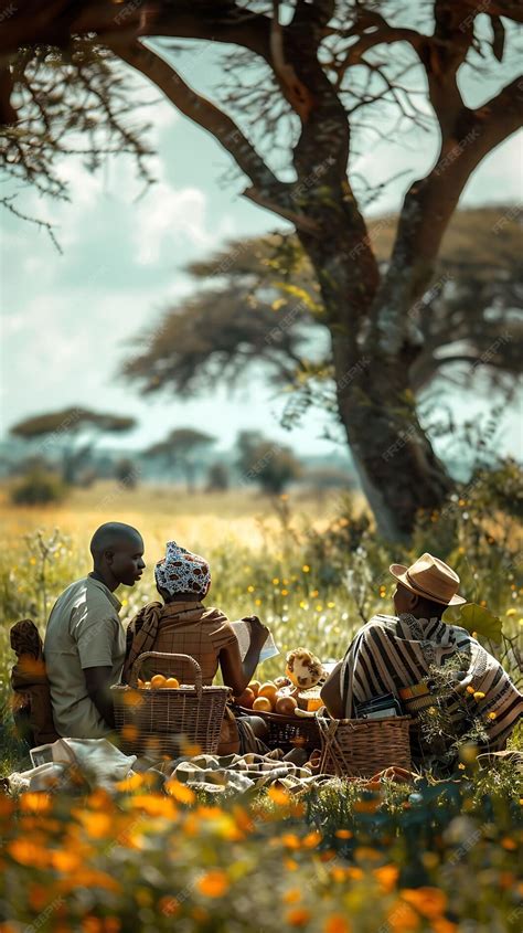 Families enjoying a picnic in the savannah of tanzania with neighbor holiday activities ...