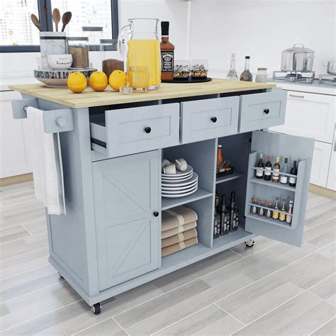 Kitchen Island on Wheels Kitchen Trolley with rubberwood and Foldable Table top Mobile Kitchen ...