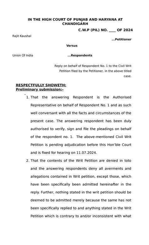 Pallavi Chabbra Reply - Notes - IN THE HON’BLE HIGH COURT OF PUNJAB AND ...