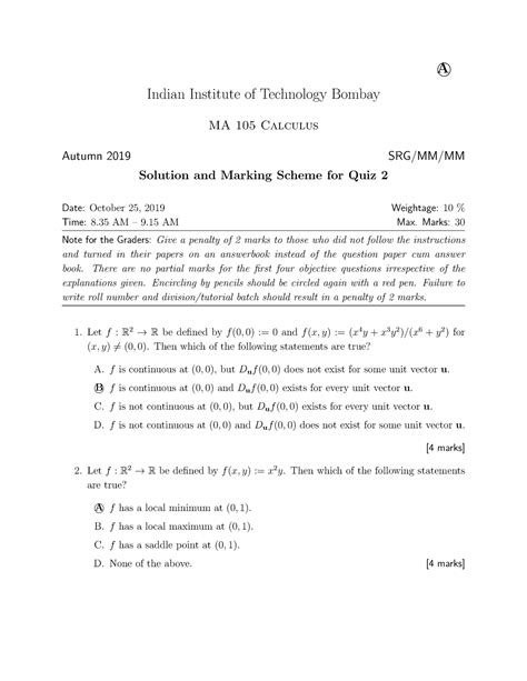 MA105 QUIZ 2 CODE A Question Paper & Solution - A© Indian Institute of ...
