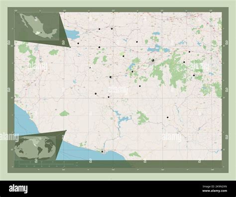 Michoacan, state of Mexico. Open Street Map. Locations of major cities ...