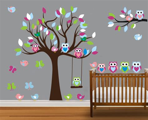 Vinyl Wall Decal Colorful Nursery Cute Owl Family Tree Trees Owls Home ...