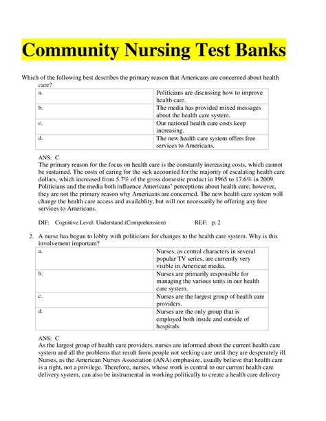 Community nursing test banks. - Scholarfriends