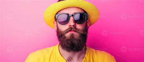 Man in yellow hat poses on pink backdrop 59997752 Stock Photo at Vecteezy