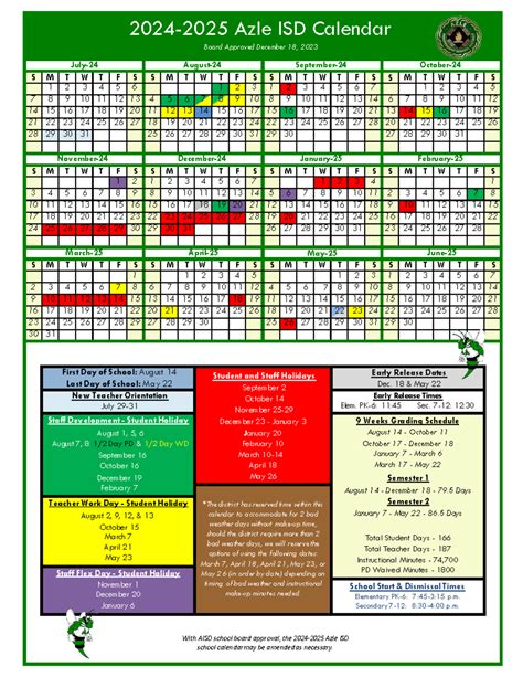 2024-2025 Azle ISD School Calendar Board Approved 12.18.2023 - Studocu