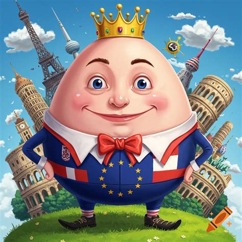 Humpty Dumpty in a suit with European symbols and a crown stands on a hill surrounded by famous ...