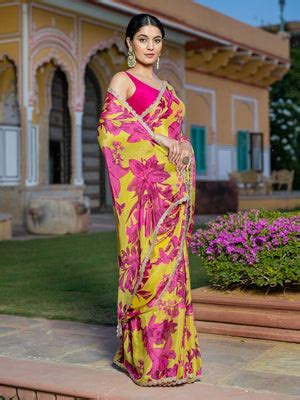 Yellow Festive Saree in Pure Chinon Fabric with Sleeveless Blouse