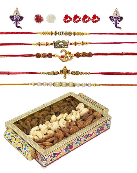 Feastive Celebrations a set of 5 Blessed Rakhis with Meenakari Dry ...