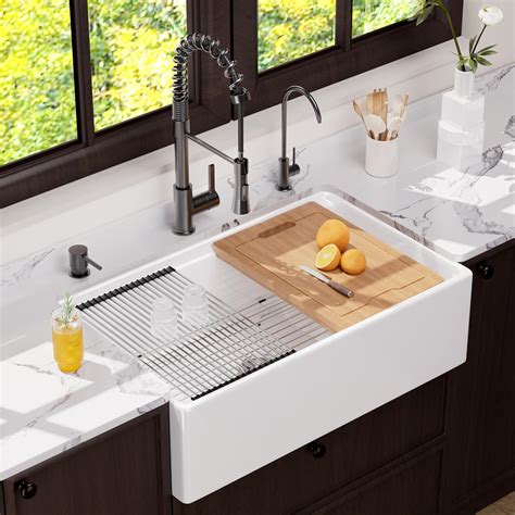33 Inch White Farmhouse Sink, ALWEN Fireclay Porcelain Single Bowl ...