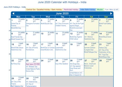 Print Friendly June 2020 India Calendar for printing