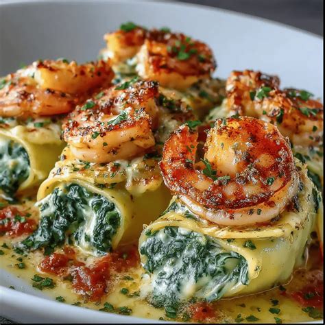shrimp and spinach stuffed pasta rolls
