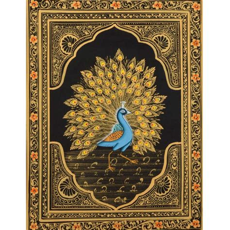 Handmade Miniature painting of Golden Dancing Peacock on silk cloth