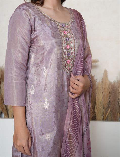 Medium Antique tissue shimmer suit with Embroidered neck – Paridhaanam