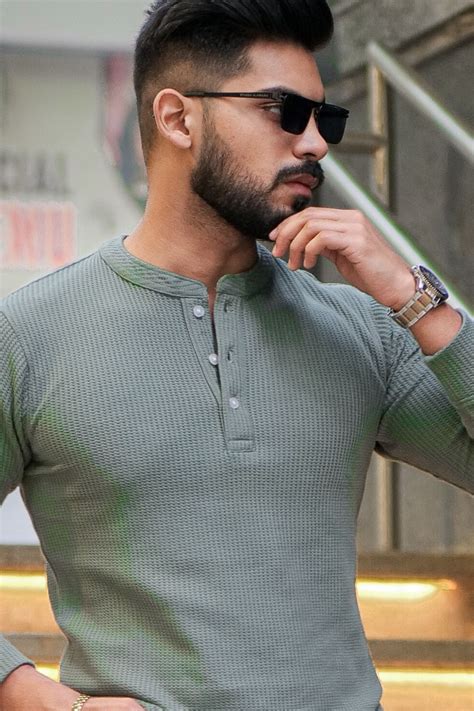 Gritstones Greenish Grey Self Waffle Knit Henley T-Shirt