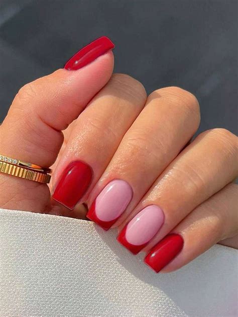Elevate Your Style with 24pcs Short Square Pink Red French Fake Nail ...