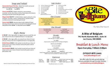 A Bite Of Belgium menu in Las Cruces, New Mexico, USA