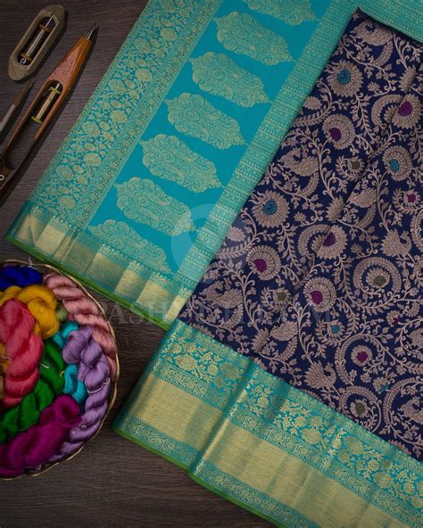 Navy Blue & Turquoise Blue Kanjivaram Silk Saree-S1197(D) – Pashudh Sarees