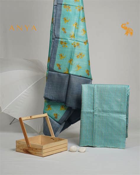 Rexona Blue and Off White Tussar Silk Salwar with Rexona Blue Floral P