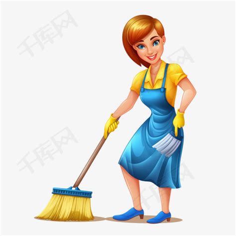 围裙和手套里拿着扫帚的女人做清洁工作素材图片免费下载-千库网