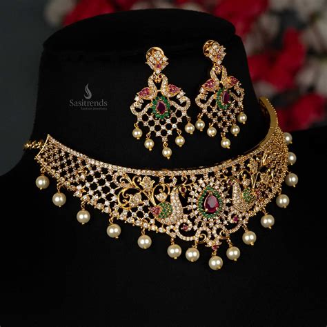Shop Trendy Micro Gold Plated Peacock Bridal Choker Necklace Set Online ...