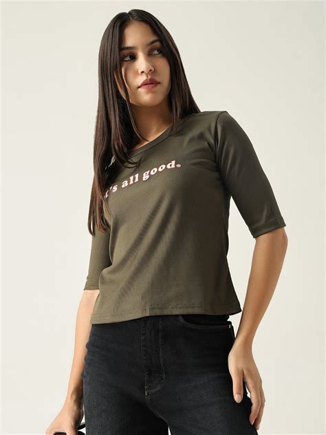 Buy Women's Olive Typography Printed Round Neck Cotton Slim Fit T-Shirt ...