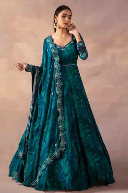 Buy Emerald Green Georgette Pearls, Geometric Digital Print Anarkali ...