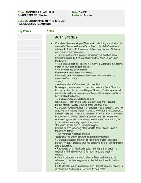 Hamlet Act 1 Scene 2 - notes - Class: MODULE 2: WILLIAM SHAKESPEARE ...