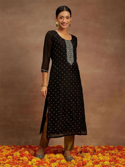 Buy Black Woven Design Chanderi Silk Straight Kurta Online at Rs.879 ...