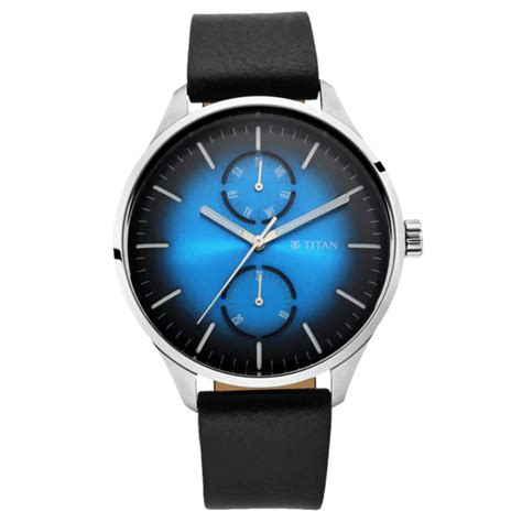 TITAN Evoke Gradient Blue Dial Black Leather Strap Watch NQ1833SL03 ...