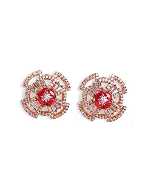 Geometric Shape American Diamond Ruby Stoned Rosegold Stud Earrings ...