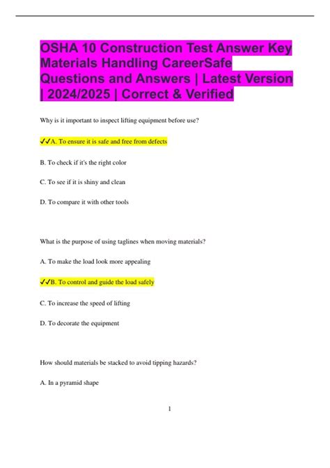OSHA 10 Construction Test Answer Key Materials Handling CareerSafe ...