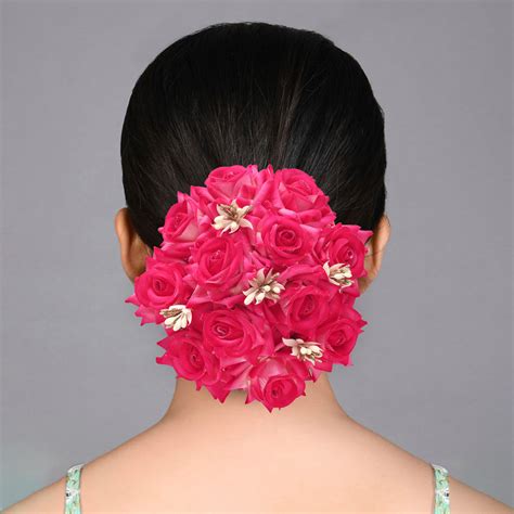 Pink Color Rose Flower Hair Juda//Bun Perfect For Wedding Look – FemNari