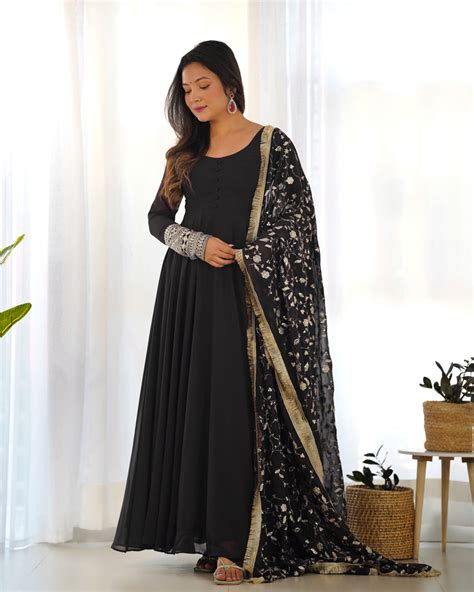 Black Elegant Georgette Anarkali Gown Set – Festive & We